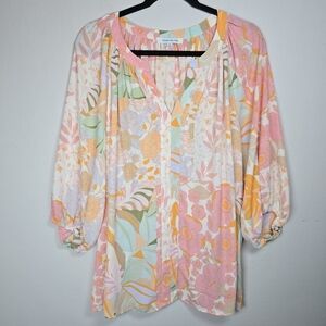 Rose & Olive Women's Floral Button Down Top 3/4 Sleeves 1X New Boho Garden Girl